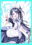  1girl absurdres apron aris_(blue_archive) aris_(maid)_(blue_archive) black_dress black_hair black_wristband blue_archive blue_border blue_eyes blue_halo blue_ribbon border collared_dress commentary_request dress halo hand_up higetsuji-nozomu highres long_hair looking_at_viewer maid_apron maid_headdress neck_ribbon official_alternate_costume open_mouth ponytail puffy_short_sleeves puffy_sleeves ribbon short_sleeves smile solo teeth upper_teeth_only white_apron 