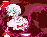  1girl bat_wings chain dress hat mob_cap pink_dress red_eyes remilia_scarlet rizu_mine solo spell_card touhou wings wrist_cuffs 