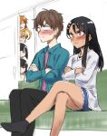  1boy 5girls 774_(nanashi) ahoge black_hair blush bob_cut breasts brown_eyes brown_hair character_request commentary_request constricted_pupils couch crossed_arms crossed_legs gamou_maki grey_eyes hachiouji_naoto highres ijiranaide_nagatoro-san long_hair miniskirt multiple_girls nagatoro_hayase orange_hair partially_colored peeking_out raised_eyebrow skirt sliding_doors small_breasts sunomiya_hana sweat sweatdrop torn_clothes torn_skirt wavy_mouth yoshi_(nagatoro) 