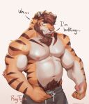 2023 anthro beard biceps biped bottomwear clothed clothing dialogue digital_drawing_(artwork) digital_media_(artwork) facial_hair felid hair hi_res male mammal musclegut muscular muscular_anthro muscular_male navel pantherine pants pecs pubes raytig12 simple_background solo standing tiger topless