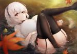  animal anthropomorphism autumn azur_lane bird foifoi_(marfoyfoyfoy) garter_belt headband leaves manjuu_(azur_lane) red_eyes short_hair sirius_(azur_lane) stockings water white_hair 