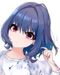  ... 1girl ahoge blue_hair closed_mouth hair_between_eyes hair_dye hair_intakes hand_up highres idolmaster idolmaster_cinderella_girls kakki_(kackie) looking_at_viewer medium_hair multicolored_hair pink_eyes safety_pin_earring shirt simple_background solo two-tone_hair white_background white_shirt yumemi_riamu 