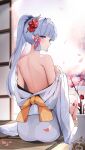  1girl absurdres bare_back bare_shoulders blue_eyes breasts commentary_request genshin_impact grey_hair hair_tubes highres japanese_clothes kamisato_ayaka kimono long_hair off_shoulder ponytail sidelocks sitting small_breasts solo vase very_long_hair white_kimono yeni1871 