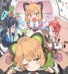  1boy 4girls absurdly_long_hair animal_ear_headphones animal_ears aris_(blue_archive) black_hair blonde_hair blue_archive blue_bow blue_eyes blue_halo blue_necktie blush bow cat_tail closed_mouth collared_shirt fake_animal_ears game_development_department_(blue_archive) green_eyes green_halo hair_bow halo headphones highres indoors jacket long_hair long_sleeves midori_(blue_archive) momoi_(blue_archive) multiple_girls necktie one_eye_closed open_mouth orange_halo pink_halo plant potted_plant red_eyes red_hair ringed_eyes shirt short_hair siblings sisters smile suzuki_toto tail twins very_long_hair white_jacket white_shirt yuzu_(blue_archive) 