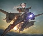  ace_combat ace_combat_7 armor blue_eyes clouds long_hair mechagirl ponytail sky sunset tom-neko_(zamudo_akiyuki) weapon white_hair 