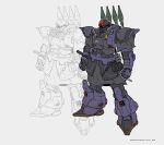  ammunition ammunition_pouch armor blue_armor cyclops dirty_footwear explosive fusion glowing glowing_eye glowing_eyes gundam highres mecha military missile mobile_suit no_humans nomansnodead one-eyed outline pauldrons pouch red_eyes rick_dom robot science_fiction shoulder_armor weapon white_background white_outline zaku_ii 