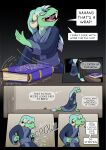 anthro book chikiot chikiota clothed clothing comic dialogue digital_media_(artwork) dragon english_text green_body hair hi_res horn hungry magic magic_user male open_mouth robe scalie smile solo spellbook tail teeth text tongue tongue_out