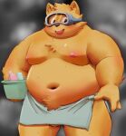 2023 anthro belly big_belly blush brown_body brown_fur canid canine canis domestic_dog fur kemono male mammal meg_hoi moobs navel nipples overweight overweight_male solo towel