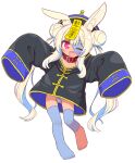  1girl ;d animal_ear_fluff animal_ears barefoot black_headwear black_jacket blonde_hair blue_hair blush collar double_bun full_body hair_bun hat heart heart-shaped_pupils highres jacket jiangshi long_hair long_sleeves masurao_(sekaiju) masurao_2_(sekaiju) multicolored_hair naga_u one_eye_closed panties patchwork_skin purple_eyes qingdai_guanmao rabbit_ears red_collar sekaiju_no_meikyuu sekaiju_no_meikyuu_5 simple_background sleeves_past_fingers sleeves_past_wrists smile solo symbol-shaped_pupils thick_eyebrows twintails two-tone_hair underwear very_long_hair white_background white_panties wide_sleeves 