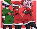  3girls ashido_mina ass ass_focus boku_no_hero_academia christmas gloves hat highres jirou_kyouka looking_at_viewer looking_back lord_guyis multiple_girls pantyhose santa_costume santa_hat smile uraraka_ochako 