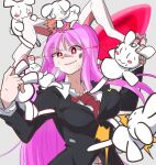  1girl :3 annoyed black_jacket breasts fighting glowing glowing_eyes grabbing inaba_mob_(touhou) jacket long_hair necktie pink_hair rabbit red_eyes red_necktie reisen_udongein_inaba shinmon_akika shirt suit_jacket too_many too_many_rabbits touhou very_long_hair white_background white_shirt 