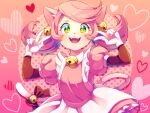 1girl animal_ear_fluff animal_ears bell blush bow cat_ears cat_tail double_v eyelashes gloves green_eyes heart looking_at_viewer mad_mew_mew open_mouth pink_hair pink_shirt red_bow shifumame shirt skirt solo tail tail_bell tail_bow tail_ornament twintails undertale v white_gloves white_skirt 