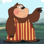 anthro bear billy_bob_brockali brown_bear brown_body brown_fur clothed clothing colored creative_engineering_incorporated detailed_background digital_media_(artwork) fur grizzly_bear hi_res kotobuki529 looking_at_hand male mammal overalls overweight overweight_anthro overweight_male showbiz_pizza_place solo the_rock-afire_explosion toony ursine