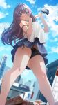  1girl absurdres bare_legs black_panties blue_eyes blue_skirt blurry blurry_background blush breasts brown_hair camisole cityscape cloud commission feet_out_of_frame finger_in_own_mouth food_truck giant giantess hand_up highres ichinose_shiki idolmaster idolmaster_cinderella_girls kkix25 legs long_hair motor_vehicle panties pizza_box side-tie_panties signature skeb_commission skirt sky solo strap_slip underwear van white_camisole 