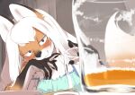  1girl alcohol animal_ears animal_hands animal_nose beer body_fur closed_mouth commentary_request cup dog_ears dog_tail drinking_glass furry furry_female highres kikurage_(crayon_arts) long_hair looking_at_viewer original red_eyes smile snout solo tail thick_eyebrows white_fur white_hair 