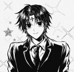  1boy chenxian2467 chrollo_lucilfer earrings formal highres hunter_x_hunter jewelry male_focus monochrome official_alternate_costume short_hair smile solo sparkle suit upper_body 