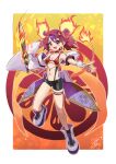  1girl adapted_costume bare_shoulders breasts chaya_mago detached_sleeves duel_monster fiery_tail full_body ha-re_the_sword_mikanko highres holding holding_sword holding_weapon long_sleeves medium_breasts multicolored_hair open_mouth purple_hair red_eyes red_hair signature solo sword tail twintails weapon yu-gi-oh! 