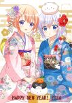  2024 2girls absurdres angora_rabbit animal blue_eyes blue_hair blue_kimono braid commentary_request egasumi floral_print flower gochuumon_wa_usagi_desu_ka? happy_new_year highres hoto_cocoa japanese_clothes kafuu_chino kimono long_hair long_sleeves looking_at_viewer multiple_girls obi open_mouth orange_hair pink_kimono print_kimono purple_eyes rabbit red_flower ryoutan sash short_hair single_braid smile tippy_(gochiusa) wide_sleeves wild_geese 