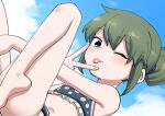  1girl barefoot bikini blush cloud cloudy_sky commentary_request covered_nipples frilled_bikini frills green_eyes green_hair highres igarashi_futaba_(shiromanta) inward_v knees_up looking_at_viewer medium_hair midriff navel one_eye_closed polka_dot polka_dot_bikini ponytail senpai_ga_uzai_kouhai_no_hanashi shiromanta sky smile swimsuit tongue tongue_out v v_over_eye 