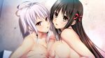  2girls :d ahoge amaya_tomoko bangs black_hair blush breast_squeeze breasts censored collarbone eyebrows_visible_through_hair game_cg hair_between_eyes hair_ribbon highres large_breasts long_hair looking_at_viewer mosaic_censoring multiple_girls multiple_paizuri official_art ore_no_ue_de_agaku_rokunin_no_togime paizuri penis red_eyes red_ribbon ribbon ruka_(ore_no_ue_de_agaku_rokunin_no_togime) shiny shiny_hair sidelocks silver_hair smile straight_hair teeta_j upper_body very_long_hair yellow_eyes 