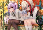  2girls admiral_graf_spee_(azur_lane) ajax_(azur_lane) anthropomorphism autumn azur_lane blue_eyes book glasses kneehighs long_hair oshishio pantyhose pink_eyes purple_hair scarf school_uniform skirt tie white_hair 