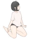  1girl 1ssakawaguchi absurdres barefoot black_eyes black_hair black_shorts blunt_bangs dolphin_shorts from_side full_body highres ichika_(1ssakawaguchi) looking_to_the_side original shirt short_hair short_sleeves shorts sideways_mouth simple_background sitting solo white_background white_shirt yokozuwari 