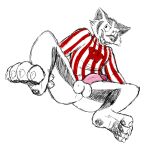 4_toes anthro badger balls black_nose black_pawpads bucky_badger claws clothed clothing college_football feet fingers fur genitals male mammal mascot mustelid musteline open_mouth pawpads penis pink_penis shirt simple_background solo thefandox toes tongue topwear university_of_wisconsin white_background white_balls white_body white_claws white_fur wisconsin wisconsin_badgers