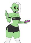2019 absurd_res alien alien_humanoid armwear bottomwear breasts cellphone choker cleavage clothed clothing darkeros disney electronics eyebrows female fishnet fishnet_armwear gesture green_body green_skin hair half-closed_eyes hi_res humanoid humanoid_pointy_ears jewelry legwear long_hair looking_at_viewer lord_dominator middle_finger midriff narrowed_eyes necklace noseless not_furry phone pink_sclera portrait shirt skimpy skirt smile solo standing stockings thick_thighs thigh_highs three-quarter_portrait topwear wander_over_yonder