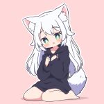  1girl absurdres animal_ear_fluff animal_ears blush changkiwi green_eyes highres long_hair looking_at_viewer open_mouth self-upload solo tail white_hair wolf_ears wolf_tail 