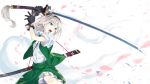  aliasing aqua_eyes asutora gloves gray_hair headband katana konpaku_youmu myon petals short_hair skirt sword touhou weapon 