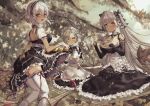  anthropomorphism autumn azur_lane blush bow drink formidable_(azur_lane) goth-loli gray_hair green_hair headband leaves lolita_fashion long_hair maid momotetu red_eyes sheffield_(azur_lane) short_hair sirius_(azur_lane) thighhighs twintails yellow_eyes 