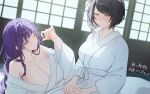 2girls black_hair blush braid braided_ponytail breasts cleavage closed_mouth collarbone commentary_request genshin_impact highres japanese_clothes kujou_sara large_breasts long_sleeves multiple_girls off_shoulder one_eye_closed parted_lips purple_eyes purple_hair raiden_shogun single_bare_shoulder syandega translation_request yellow_eyes 