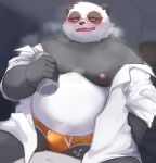 2023 absurd_res anthro bear belly big_belly black_body black_nose blush bulge can clothed clothing container eyewear giant_panda glasses hi_res kemono male mammal moobs nipples open_clothing open_shirt open_topwear overweight overweight_male shirt sitting solo tappe124 topwear underwear white_body