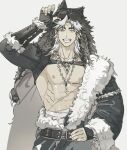  1boy abs bara bare_pectorals belt braid cowboy_shot grin highres jewelry looking_at_viewer male_focus midriff_sarashi multiple_braids na-eun_(ejdbvaaqup08jfy) necklace nipples original pectorals sarashi scar scar_on_face scar_on_mouth smile solo stomach thick_eyebrows toned toned_male tooth_necklace tribal wolf_hood 