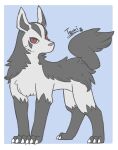 2017 ambiguous_gender blue_background border feral full-length_portrait fur generation_3_pokemon grey_body grey_fur hi_res leg_markings markings mightyena nintendo pokemon pokemon_(species) portrait red_eyes simple_background socks_(marking) solo temitess white_border yellow_sclera