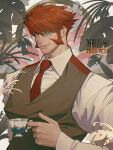  1boy cup glasses highres holding holding_cup kekkai_sensen klaus_von_reinhertz looking_at_viewer male_focus mature_male mutton_chops necktie plant red_hair shirt short_hair smile solo teacup toohuah231 tusks upper_body veins veiny_hands vest 