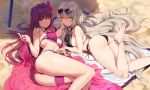  2girls ass barefoot beach bikini blonde_hair fate/grand_order fate_(series) jeanne_d&#039;arc_(fate) jeanne_d&#039;arc_alter purple_hair red_eyes ribbons scathach_(fate/grand_order) sunglasses swimsuit yang-do yellow_eyes 