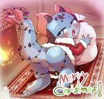 ambiguous_gender anthro blue_body blush bottomless butt carpet christmas christmas_clothing christmas_lights clothed clothing costume countershading doneru dragon english_text featureless_crotch fireplace head_markings hi_res holding_object holding_sack holidays horn inside kneeling looking_at_viewer looking_back markings neneruko_(doneru) null presenting presenting_hindquarters raised_tail sack santa_costume santa_jacket scalie signature solo tail text young young_ambiguous young_anthro