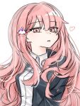  1girl :o black_jacket brown_hair collared_shirt danganronpa_(series) danganronpa_2:_goodbye_despair galaga hair_ornament heart highres jacket koma_(uuur66) long_hair nanami_chiaki open_clothes open_jacket pink_eyes shirt simple_background solo upper_body white_background white_shirt 