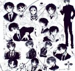  1boy aged_down bandaged_head bandages bug chain chenxian2467 chrollo_lucilfer collage food formal highres hunter_x_hunter injury male_focus monochrome official_alternate_costume pudding short_hair smile spider suit 