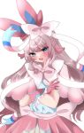  1girl absurdres animal_ears blue_eyes blush bow brown_hair commentary_request crossed_arms gloves hair_bow highres miatanganbar4 personification pink_bow pink_gloves pokemon simple_background solo standing sylveon white_background white_bow 
