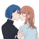  2girls black_sweater blue_eyes blue_hair blue_sweater_vest blush brown_hair commentary ear_blush eye_contact grey_eyes hanasato_minori highres imminent_kiss kiritani_haruka looking_at_another medium_hair multiple_girls parted_lips project_sekai shirt short_hair sidelocks simple_background sweater sweater_vest upper_body white_background white_shirt yarou_(0tyaro) yuri 