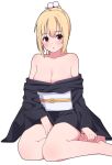  1girl ahoge alternate_costume arihara_nanami arm_at_side bare_shoulders between_legs black_kimono blonde_hair blush breasts cleavage collarbone commentary foot_out_of_frame hair_between_eyes hair_ornament hand_between_legs japanese_clothes kimono large_breasts long_sleeves looking_at_viewer open_mouth pom_pom_(clothes) pom_pom_hair_ornament ponytail red_eyes riddle_joker simple_background sitting solo symbol-only_commentary white_background wide_sleeves yokozuwari zlmh7okwwbmghfo 