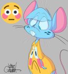 2023 anthro artist_name baggy_clothing bar_emanata big_ears big_eyes biped black_eyebrows black_eyelashes black_eyes black_text black_whiskers blue_body blue_ears blue_eyes blue_freckles blue_fur blue_hair blue_tuft blush blush_emoji blush_stickers bottom_heavy bottomwear breasts brown_eyebrows brown_mouth buckteeth cheek_tuft clothed clothing colored digital_drawing_(artwork) digital_media_(artwork) emoji emoji_clothing emoji_print eye_through_hair eyebrow_through_hair eyebrows eyelashes eyelashes_through_hair facial_tuft female female_anthro fingers freckles freckles_on_face front_view frown fur fur_tuft grey_background hair half-length_portrait hi_res long_tail looking_down looking_down_at_self mammal mia_mouse mouse mouse_ears mouse_tail murid murine no_pupils pantsless pantsless_anthro pantsless_female partially_clothed partially_clothed_anthro partially_clothed_female pink_blush pink_inner_ear pink_nose pink_tail portrait rodent shaded shirt signature silentjack simple_background simple_shading small_breasts solo standing tail teeth text three-quarter_view topwear translucent translucent_hair tuft wavy_hair whiskers white_emanata wide_hips yellow_clothing yellow_shirt yellow_topwear
