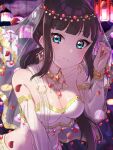  1girl absurdres birthday black_hair blush bracelet breasts cleavage collarbone commentary earrings green_eyes highres jewelry kurosawa_dia kyaku_tatsu long_hair looking_at_viewer love_live! love_live!_sunshine!! medium_breasts midriff mole mole_under_mouth necklace signature smile upper_body 