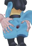 ambiguous_gender anthro anus blue_body blue_fur butt canid canine fur gaping gaping_anus generation_4_pokemon hand_on_butt hi_res human lucario mammal nintendo pokemon pokemon_(species) rear_view simple_background sincastermon unseen_character white_background