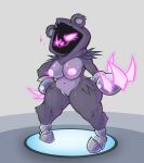 absurd_res anthro bear belly breasts claw_(weapon) claws epic_games feathers female fortnite fur genitals glowing glowing_eyes glowing_nipples hi_res hood mammal melee_weapon nipples nude pinkupinkish purple_body purple_fur pussy raven_team_leader short_stack simple_background slightly_chubby solo thick_thighs weapon