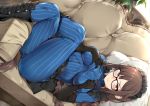  apron blush boots braids breast_hold brown_eyes brown_hair consort_yu_(fate) couch elbow_gloves fate/grand_order fate_(series) glasses gloves headdress hidebuu long_hair twintails 