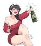  1girl 2024 alcohol black_hair blush bottle breasts cleavage closed_eyes cup drinking_glass drunk earrings gold_earrings hairband holding holding_bottle jewelry jk_arts large_breasts long_hair new_year no_pants nose_blush open_mouth red_sweater simple_background solo spy_x_family sweater white_background white_hairband yor_briar 