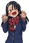  1girl 774_(nanashi) ;d black_hair blush brown_eyes commentary_request fingernails hair_ornament hairclip hands_up highres ijiranaide_nagatoro-san long_hair looking_at_viewer lower_teeth_only nagatoro_hayase one_eye_closed plaid plaid_scarf red_scarf scarf simple_background smile solo teeth white_background 